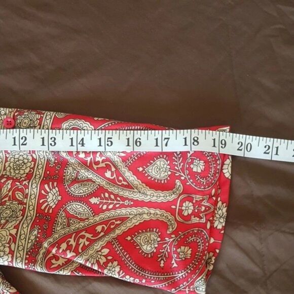 A. Jesdani Womens Blouse Top Paisley Red Size Medium Button Rolled Tab Sleeves - Picture 13 of 13